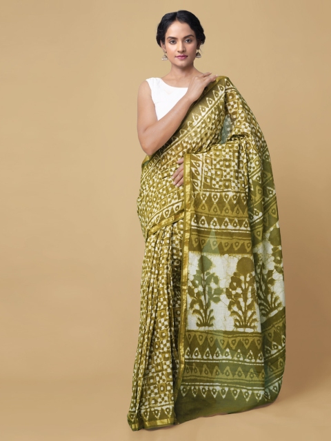 

Unnati Silks Green Pure Cotton Printed Dabu Saree