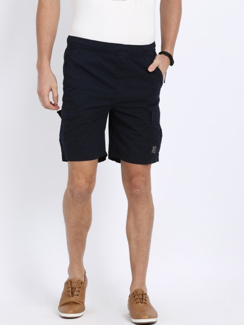 t-base Men Navy Blue Solid Regular Fit Pure Cotton Cargo Shorts
