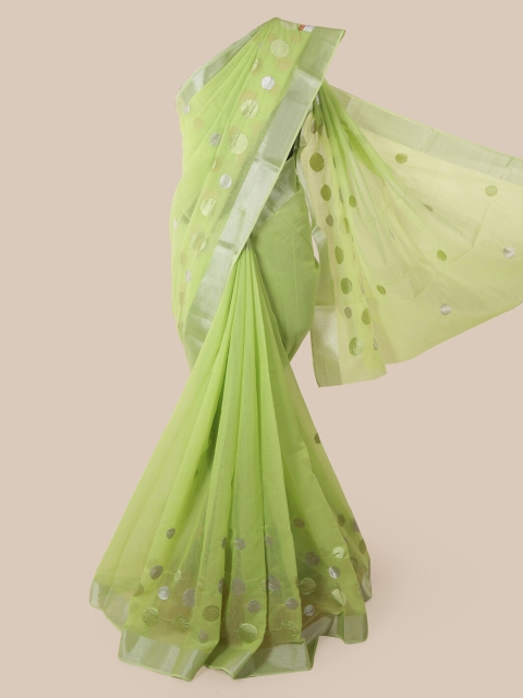 

Pothys Green & Silver-Toned Cotton Blend Woven Design Chanderi Saree