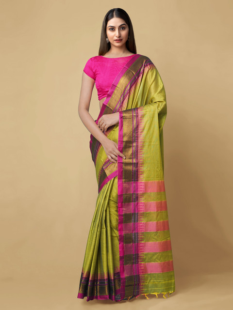 

Unnati Silks Green Silk Cotton Solid Handloom Narayan Peth Saree