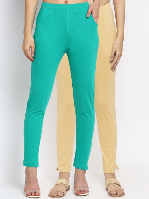 

NEUDIS Women Pack of 2 Sea Green & Beige Solid Ankle Length Leggings