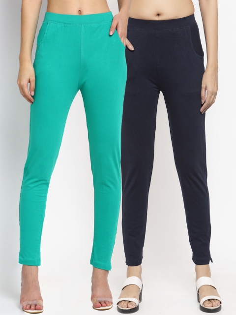 

NEUDIS Women Pack of 2 Teal Blue & Navy Blue Cotton Ankle Length Leggings
