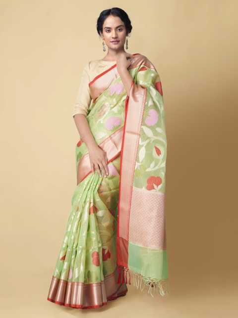 

Unnati Silks Green & Pink Silk Cotton Woven Design Banarasi Handloom Saree