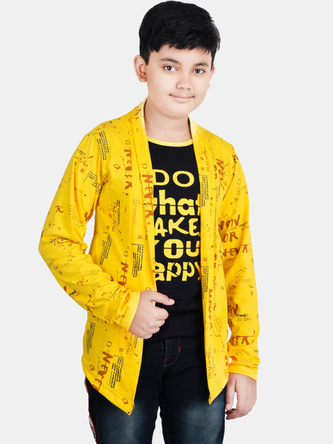 

Fabshio Boys Yellow Typography Printed T-shirt with Attached Shrug