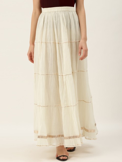 

KSUT Women Cream-Coloured Solid Maxi Tiered Skirt