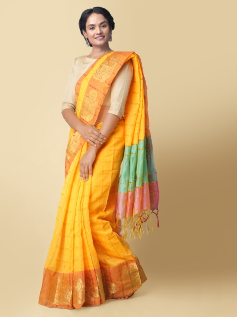 Unnati Silks Yellow & Gold-Toned Silk Cotton Woven Design Banarasi Saree