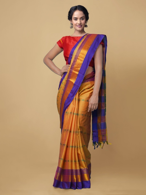 

Unnati Silks Orange & Navy Blue Silk Cotton Woven Design Narayan Peth Handloom Saree