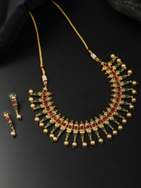 

Priyaasi Pink & Green Gold-Plated Stone-Studded & Beaded Handcrafted Jewellery Set