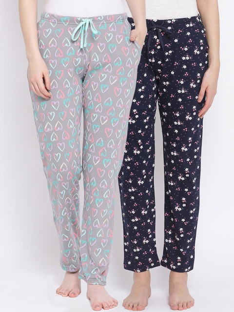 

Kanvin Women Pack of 2 Printed Pure Cotton Lounge Pants, Navy blue