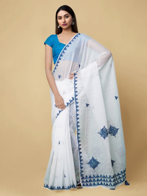 

Unnati Silks Women White & Blue Pure Handloom Dabu Kota Cotton Sustainable Saree