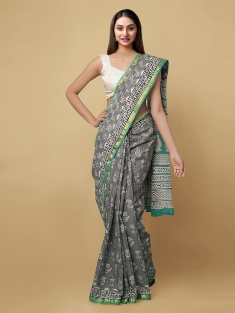 

Unnati Silks Women Grey Pure Bagru Printed Mulmul Cotton Saree