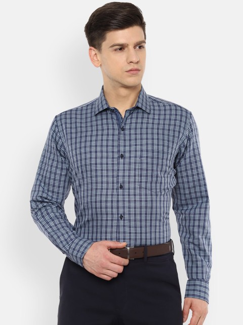 

Van Heusen Men Navy Blue & White Cotton Linen Regular Fit Checked Formal Shirt