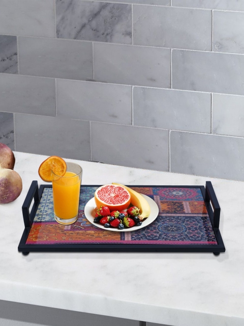 

nestroots Brown & Blue Printed Rectangular Wooden Serving Tray