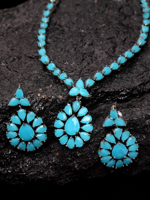 

PANASH Silver-Plated & Turquoise Blue Stone-Studded Handcrafted Jewellery Set