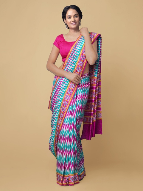

Unnati Silks Pink & Turquoise Blue Pure Crepe Printed Patola Handloom Saree