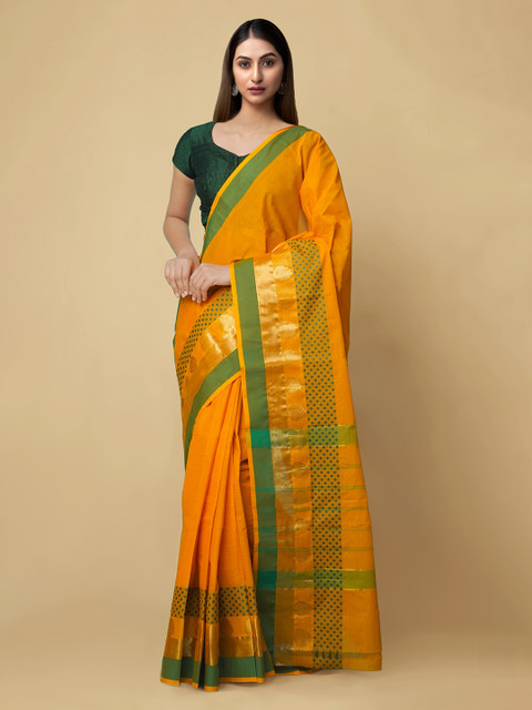 

Unnati Silks Orange & Green Pure Cotton Solid Uppada Saree