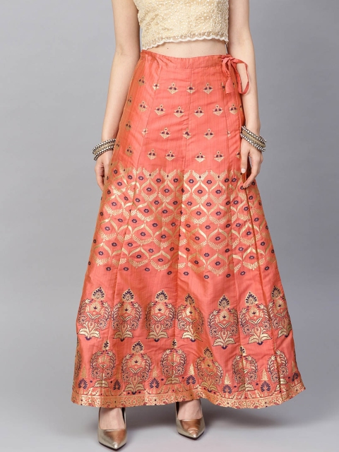 

KSUT Women Coral Pink & Golden Embroidered Maxi Flared Skirt