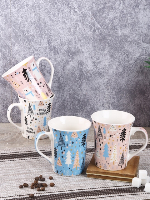 

House Of Accessories Pack Of 4 White & Blue Printed Ceramic Mugs