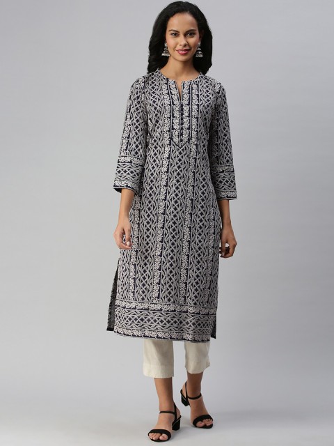 

Soch Women Blue & White Pure Cotton Embroidered Kurta