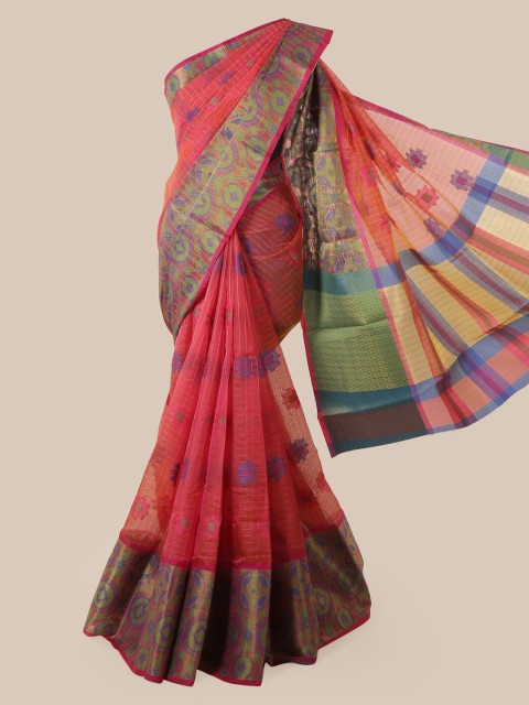 

Pothys Peach-Coloured Cotton Blend Checked Chanderi Saree