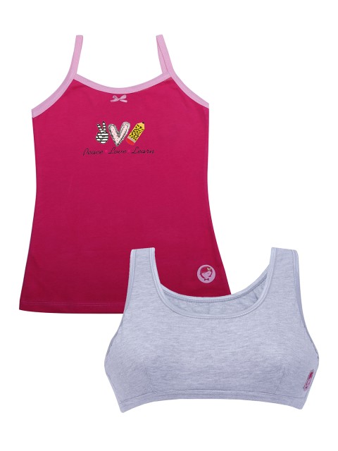 

DChica Pack Of 2 Solid Non-Wired Non Padded Beginners Bra & Camisole, Pink