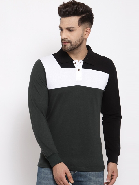 

Kalt Men Dark Olive Green & White Colourblocked Polo Collar T-shirt