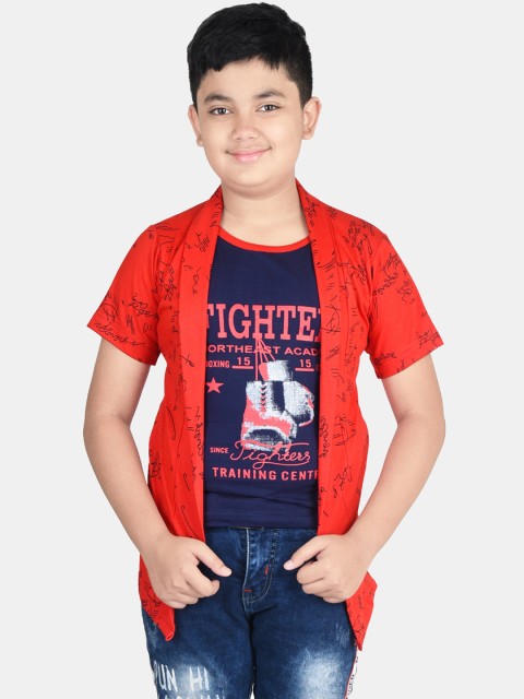 

Fabshio Boys Navy Blue & Red Printed Round Neck T-shirt with Attached Shrug