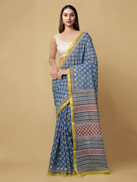 

Unnati Silks Blue & Off-White Pure Cotton Printed Bagru Saree