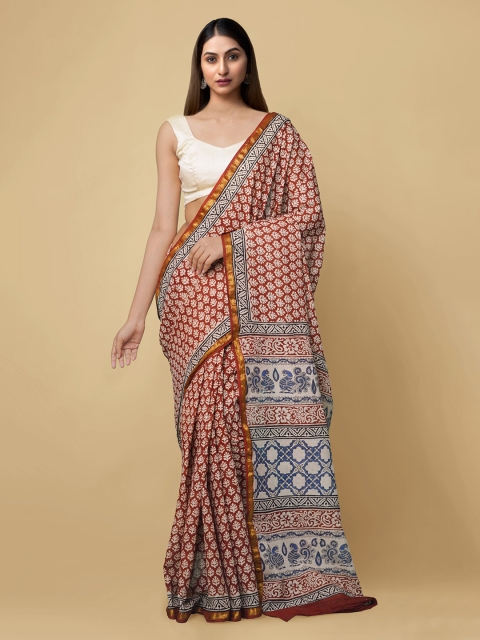 

Unnati Silks Red & Beige Pure Cotton Printed Bagru Handloom Saree