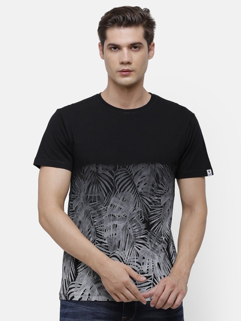 Voi Jeans Men Black Off-White Printed Round Neck Pure Cotton T-shirt