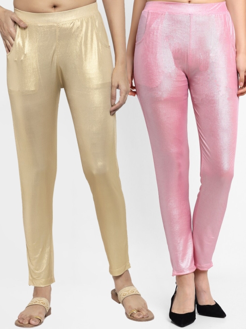 

NEUDIS Women Pack of 2 Golden & Pink Shimmer Ankle Length Leggings, Gold