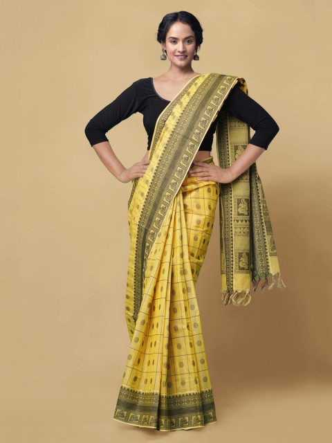 

Unnati Silks Yellow Pure Cotton Woven Design Handloom Mysore Silk Saree