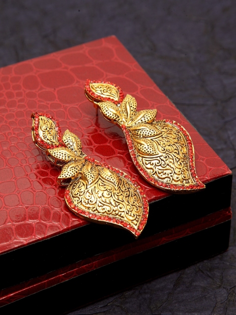 

PANASH Gold-Plated & Red Leaf Shaped Drop Earrings