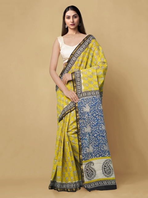 

Unnati Silks Yellow & Blue Pure Cotton Printed Bagru Saree