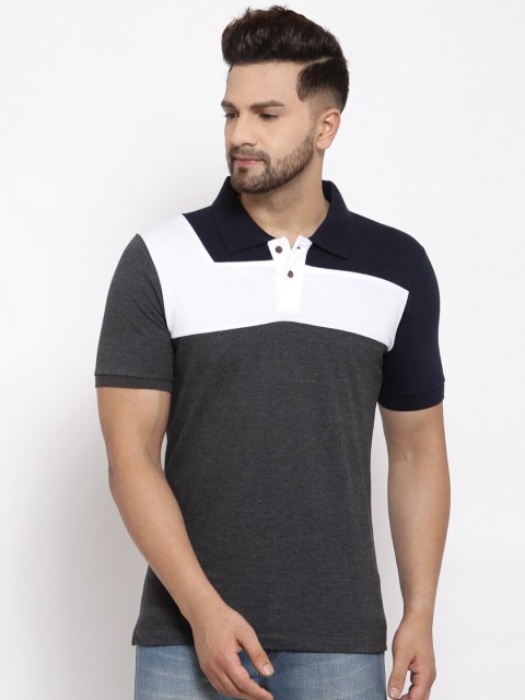 

Kalt Men Charcoal Grey & White Colourblocked Polo Collar T-shirt