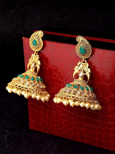 

PANASH Gold-Toned & Green Contemporary Jhumkas