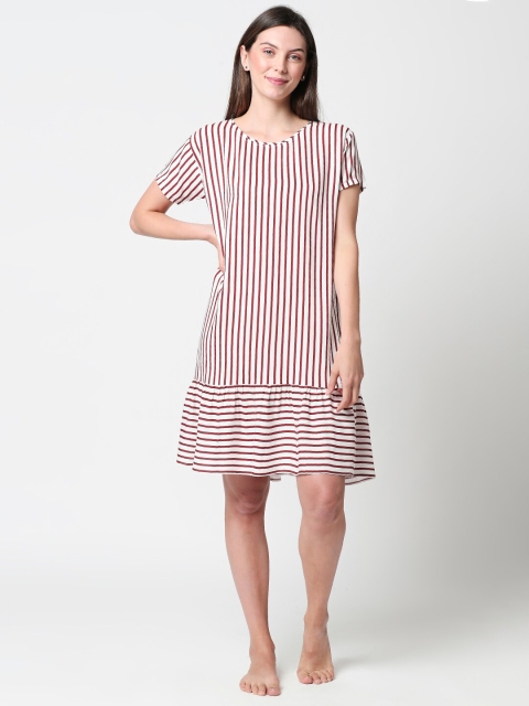 Zeyo Women Maroon & White Striped Nightdress