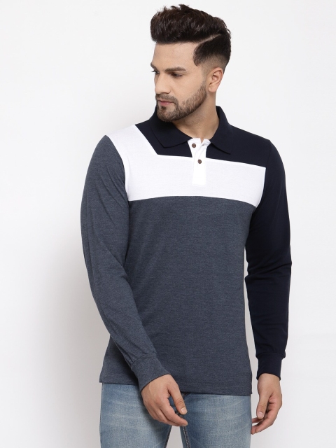 

Kalt Men Navy & White Colourblocked Polo Collar T-shirt, Navy blue