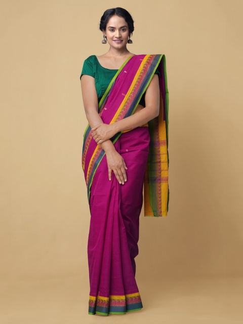 

Unnati Silks Pink Pure Cotton Solid Handloom Kanjeevaram Saree