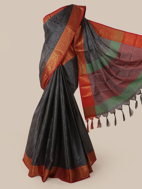 

Pothys Charcoal Grey & Maroon Cotton Blend Woven Design Chanderi Saree