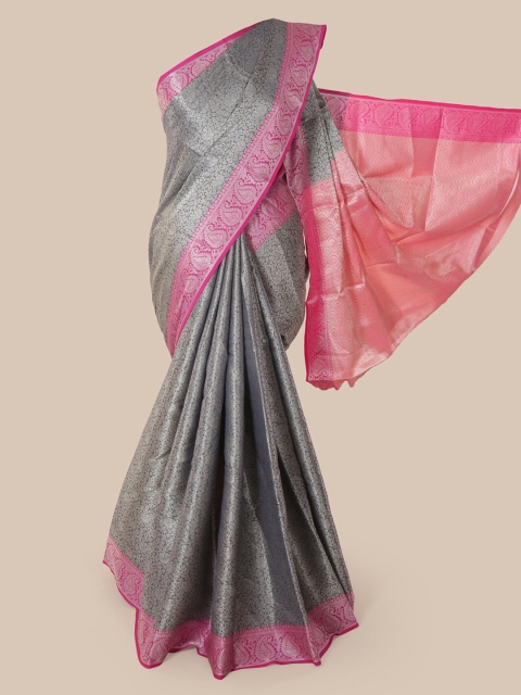 

Pothys Grey & Pink Cotton Blend Printed Chanderi Saree