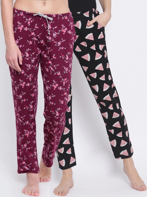 

Kanvin Women Pack of 2 Printed Pure Cotton Lounge Pants, Black