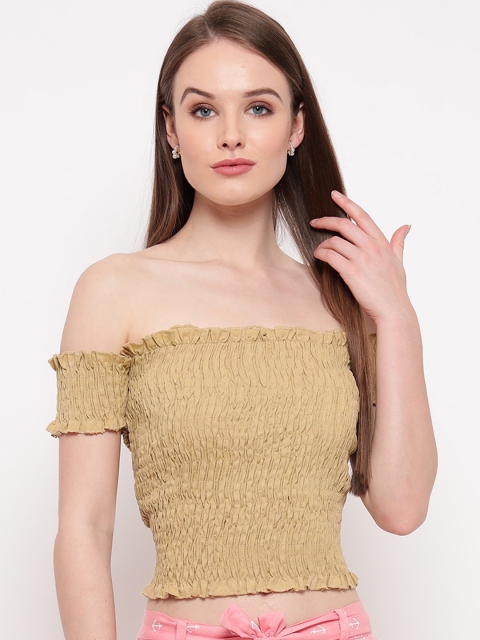 Aawari Beige Off-Shoulder Smocked Bardot Crop Top