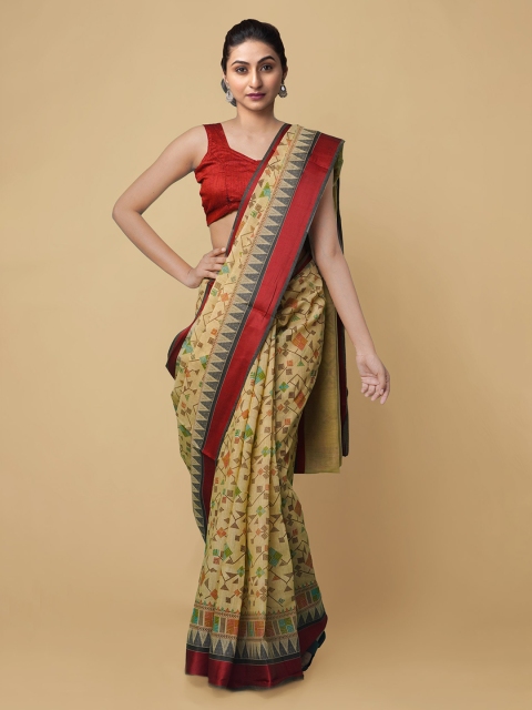 

Unnati Silks Beige Silk Cotton Printed Handloom Baluchari Saree