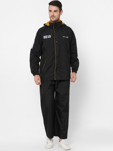 

Zeel Men Black & Mustard Yellow Solid Waterproof Hooded Rain Suit