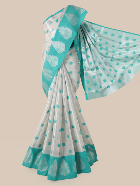 

Pothys White & Sea Green Cotton Blend Woven Design Chanderi Saree