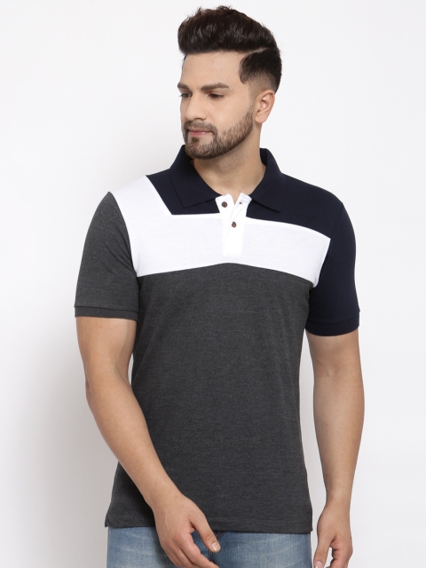 

Kalt Men Charcoal Grey & White Colourblocked Polo Collar T-shirt