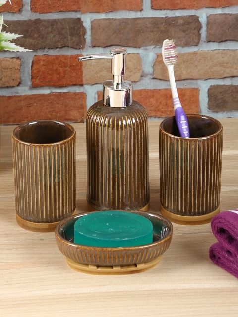 

House Of Accessories Set Of 4 Brown Self Striped Bathroom Accessories