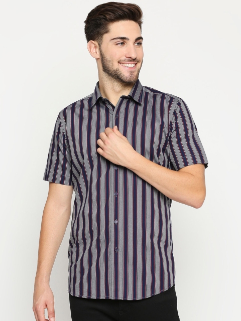 

EVOQ Men Grey & Navy Blue Regular Fit Striped Cotton Casual Shirt