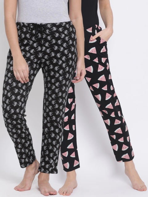 

Kanvin Women Pack of 2 Printed Pure Cotton Lounge Pants, Black